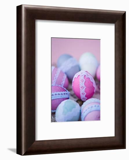 Easter decoration, plate, eggs, lace, detail, blur, close up,-mauritius images-Framed Photographic Print