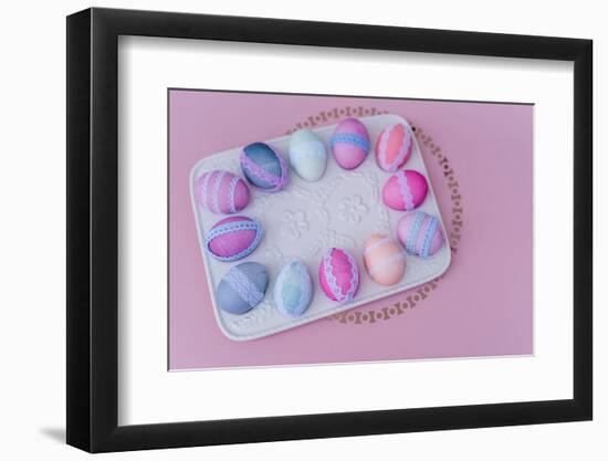 Easter decoration, platter, eggs, lace, bird's-eye view,-mauritius images-Framed Photographic Print