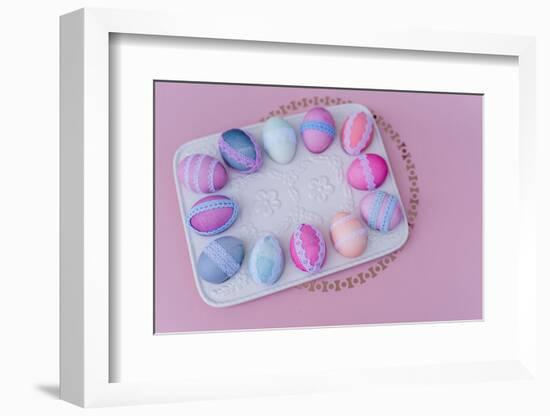 Easter decoration, platter, eggs, lace, bird's-eye view,-mauritius images-Framed Photographic Print