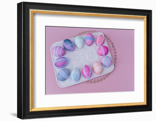 Easter decoration, platter, eggs, lace, bird's-eye view,-mauritius images-Framed Photographic Print