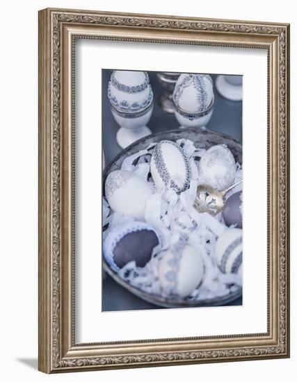 Easter eggs, grey, lace, tin plate, detail, close up,-mauritius images-Framed Photographic Print