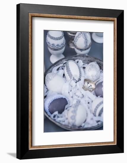 Easter eggs, grey, lace, tin plate, detail, close up,-mauritius images-Framed Photographic Print