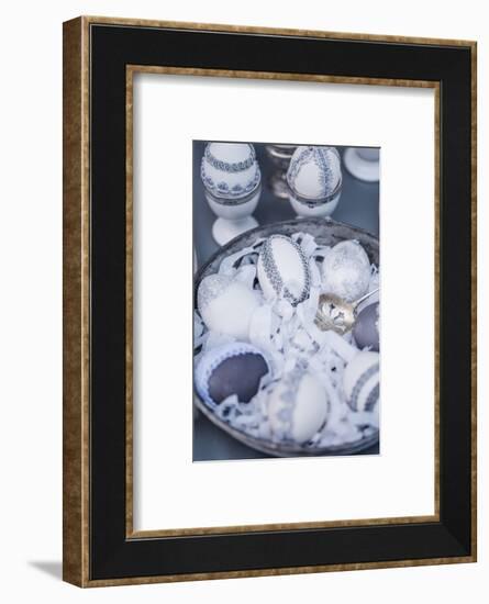 Easter eggs, grey, lace, tin plate, detail, close up,-mauritius images-Framed Photographic Print