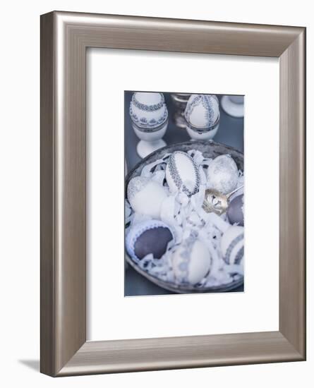 Easter eggs, grey, lace, tin plate, detail, close up,-mauritius images-Framed Photographic Print