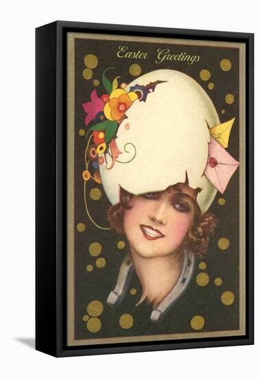 Easter Greetings, Art Deco Woman with Eggshell Hat-null-Framed Stretched Canvas