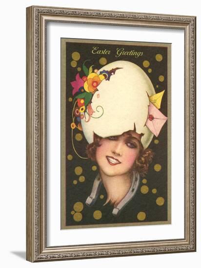 Easter Greetings, Art Deco Woman with Eggshell Hat-null-Framed Art Print