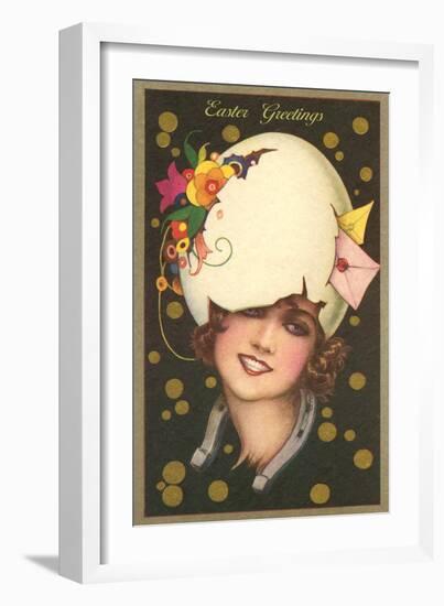 Easter Greetings, Art Deco Woman with Eggshell Hat-null-Framed Art Print