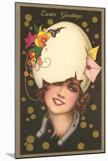 Easter Greetings, Art Deco Woman with Eggshell Hat-null-Mounted Art Print