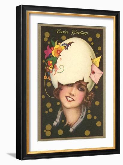 Easter Greetings, Art Deco Woman with Eggshell Hat-null-Framed Art Print