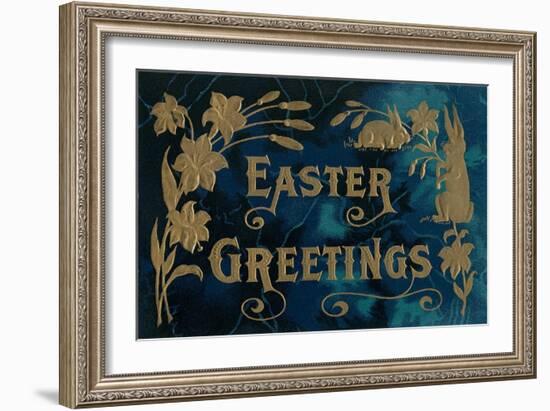 Easter Greetings, Blue and Gold-null-Framed Art Print