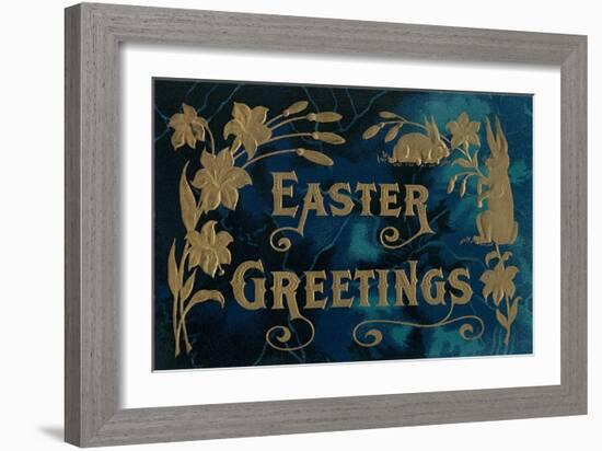 Easter Greetings, Blue and Gold-null-Framed Art Print