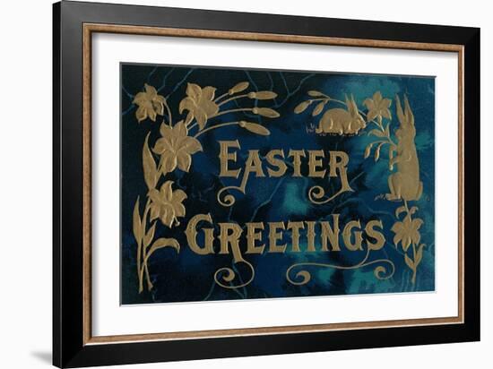 Easter Greetings, Blue and Gold-null-Framed Art Print