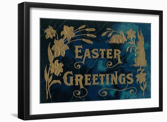 Easter Greetings, Blue and Gold-null-Framed Art Print