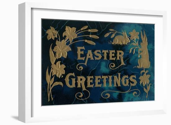 Easter Greetings, Blue and Gold-null-Framed Art Print