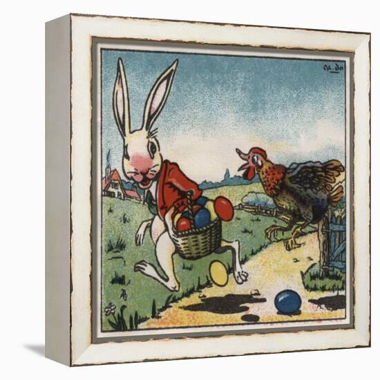 Easter Rabbit and Chicken Illustration on Egg Dye Packaging-Jennifer Kennard-Framed Premier Image Canvas