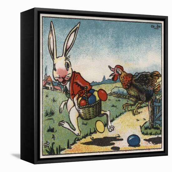 Easter Rabbit and Chicken Illustration on Egg Dye Packaging-Jennifer Kennard-Framed Premier Image Canvas