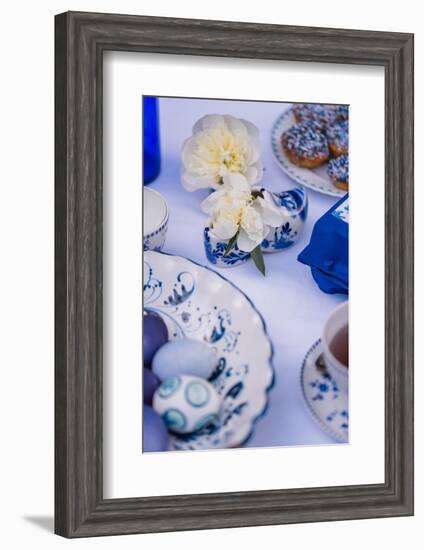 Easter table, eggs, dishes, muffin, blue, detail, blur,-mauritius images-Framed Photographic Print