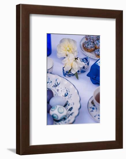 Easter table, eggs, dishes, muffin, blue, detail, blur,-mauritius images-Framed Photographic Print