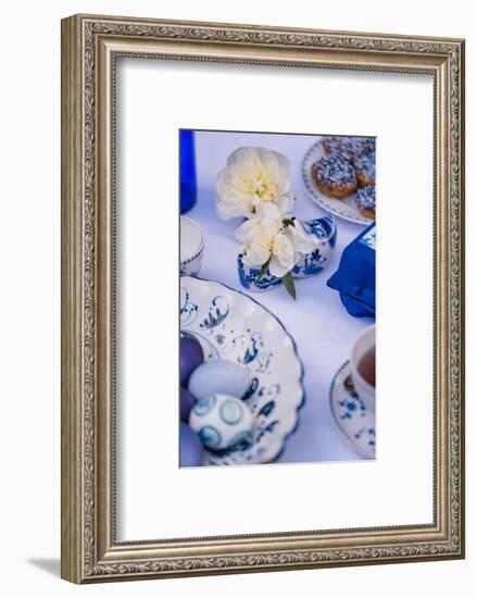 Easter table, eggs, dishes, muffin, blue, detail, blur,-mauritius images-Framed Photographic Print