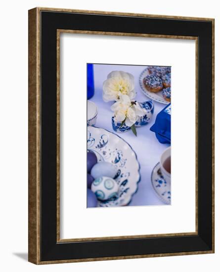 Easter table, eggs, dishes, muffin, blue, detail, blur,-mauritius images-Framed Photographic Print