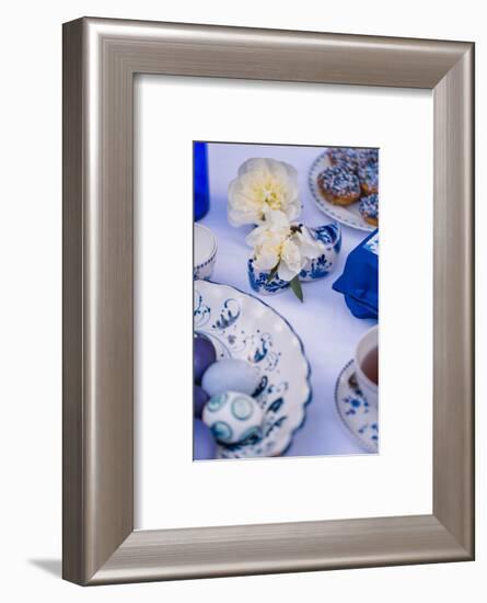 Easter table, eggs, dishes, muffin, blue, detail, blur,-mauritius images-Framed Photographic Print