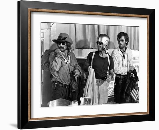 Easy Rider by DennisHopper with Dennis Hopper, Peter Fonda and Jack Nickolson, 1969 (b/w photo)-null-Framed Photo