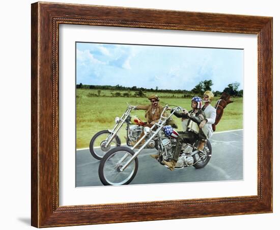 Easy Rider by DennisHopper with Dennis Hopper, Peter Fonda and Jack Nickolson, 1969 (motos Harley D-null-Framed Photo