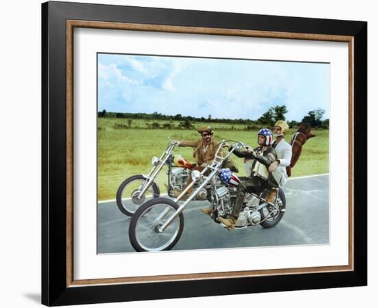 Easy Rider by DennisHopper with Dennis Hopper, Peter Fonda and Jack Nickolson, 1969 (motos Harley D-null-Framed Photo