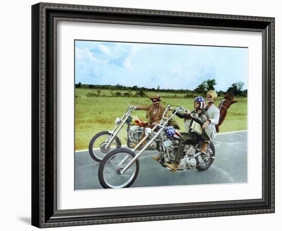 Easy Rider by DennisHopper with Dennis Hopper, Peter Fonda and Jack Nickolson, 1969 (motos Harley D-null-Framed Photo