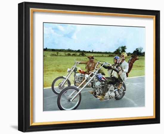 Easy Rider by DennisHopper with Dennis Hopper, Peter Fonda and Jack Nickolson, 1969 (motos Harley D-null-Framed Photo