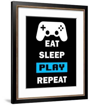 Eat Sleep Game Repeat - Black and Blue-Color Me Happy-Framed Art Print