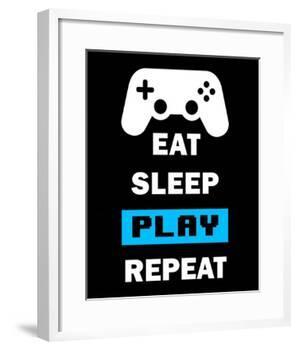 Eat Sleep Game Repeat - Black and Blue-Color Me Happy-Framed Art Print
