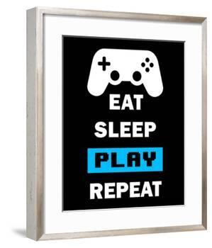 Eat Sleep Game Repeat - Black and Blue-Color Me Happy-Framed Art Print