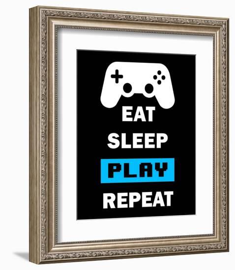 Eat Sleep Game Repeat - Black and Blue-Color Me Happy-Framed Art Print