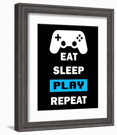 Eat Sleep Game Repeat - Black and Blue-Color Me Happy-Framed Art Print
