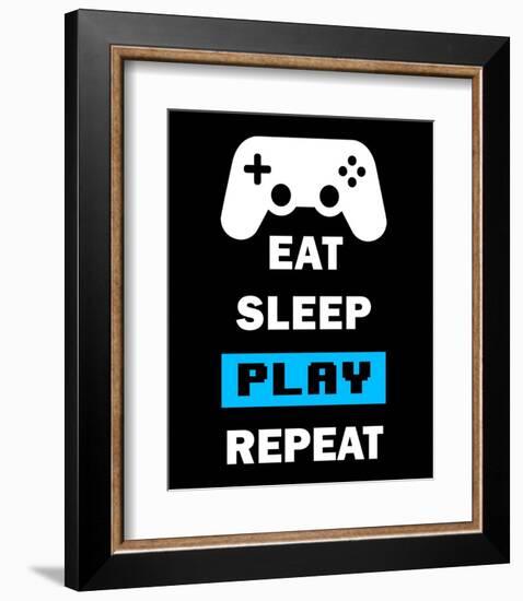 Eat Sleep Game Repeat - Black and Blue-Color Me Happy-Framed Art Print