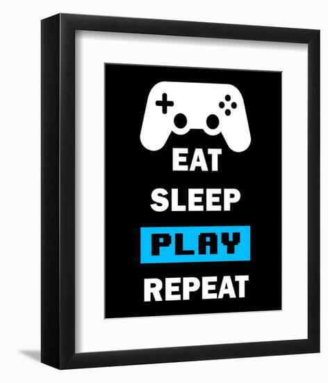 Eat Sleep Game Repeat - Black and Blue-Color Me Happy-Framed Art Print