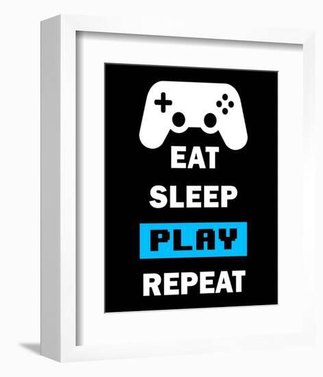 Eat Sleep Game Repeat - Black and Blue-Color Me Happy-Framed Art Print