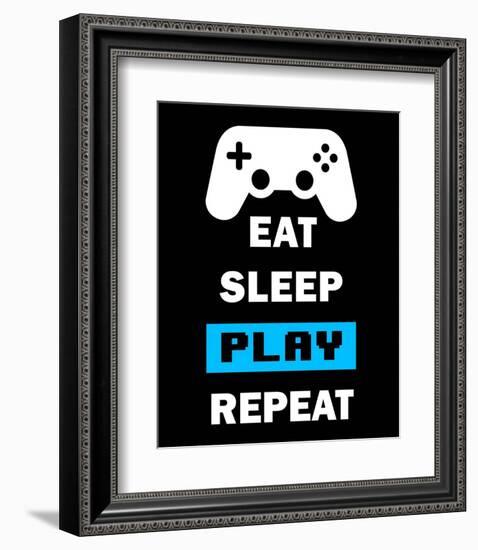 Eat Sleep Game Repeat - Black and Blue-Color Me Happy-Framed Art Print