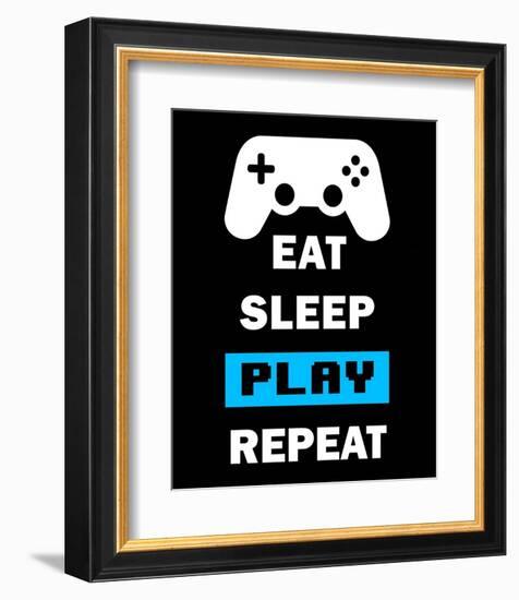 Eat Sleep Game Repeat - Black and Blue-Color Me Happy-Framed Art Print