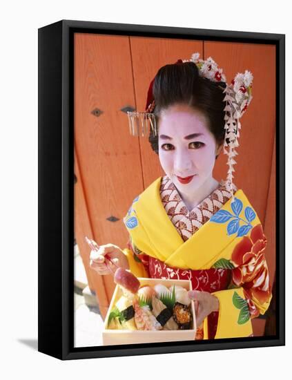 Eating Sushi, Apprentice Geisha (Maiko) Dressed in Kimono, Kyoto, Honshu, Japan-null-Framed Premier Image Canvas