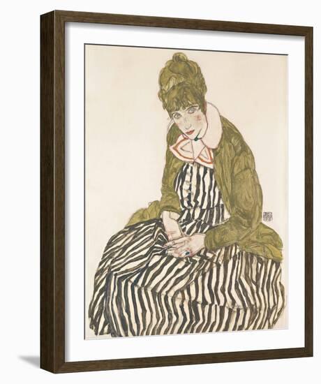 Edith with Striped Dress, Sitting, 1915-Egon Schiele-Framed Giclee Print