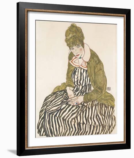 Edith with Striped Dress, Sitting, 1915-Egon Schiele-Framed Giclee Print