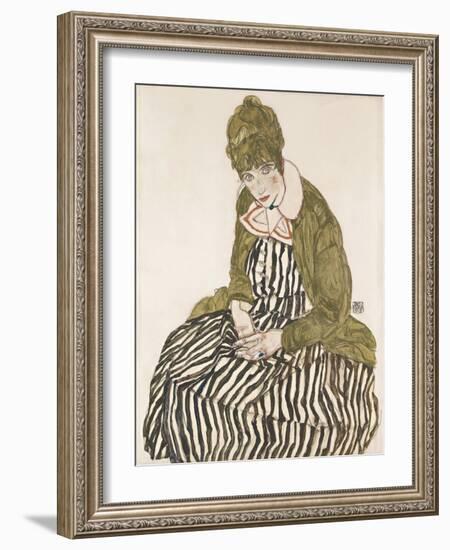 Edith with Striped Dress, Sitting-Egon Schiele-Framed Giclee Print