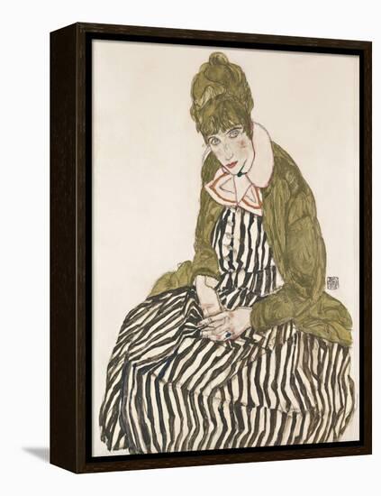 Edith with Striped Dress, Sitting-Egon Schiele-Framed Premier Image Canvas