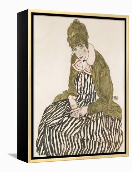 Edith with Striped Dress, Sitting-Egon Schiele-Framed Premier Image Canvas