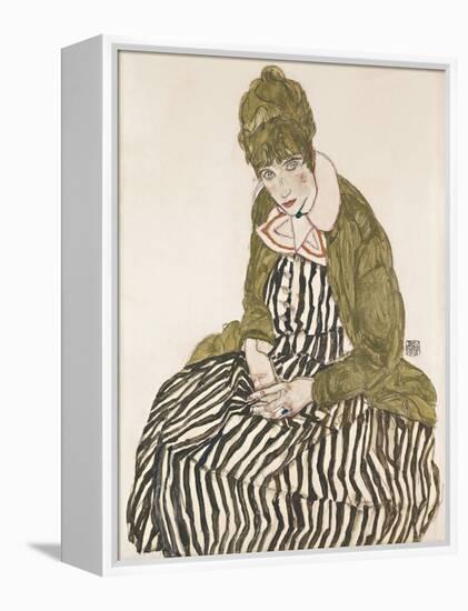 Edith with Striped Dress, Sitting-Egon Schiele-Framed Premier Image Canvas