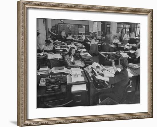 Editiorial Office of the Brooklyn Eagle Newspaper Where Staff Members are Busy in Newsroom-Alfred Eisenstaedt-Framed Photographic Print