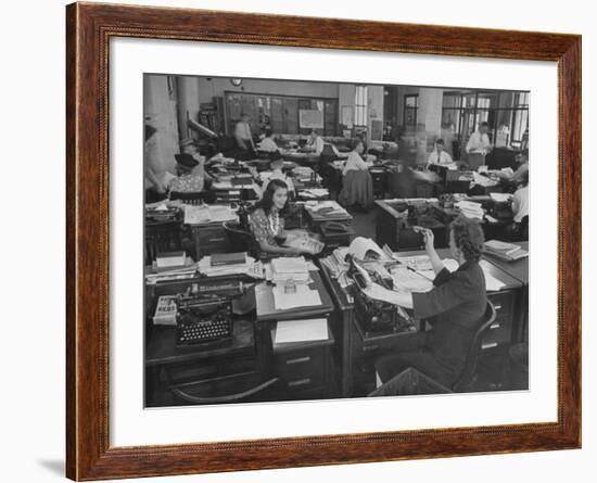 Editiorial Office of the Brooklyn Eagle Newspaper Where Staff Members are Busy in Newsroom-Alfred Eisenstaedt-Framed Photographic Print