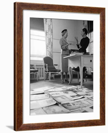 Editor Carmel Snow and Fashion Editor Diana Vreeland Reviewing Layouts in Harper's Bazaar Office-Walter Sanders-Framed Premium Photographic Print